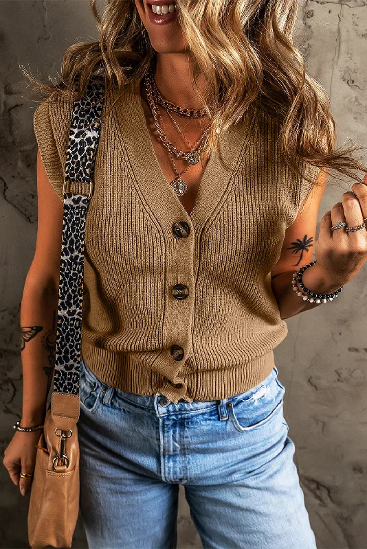 Parchment V Neck Buttoned Front Sweater Vest Print Jacquard Patchwork
