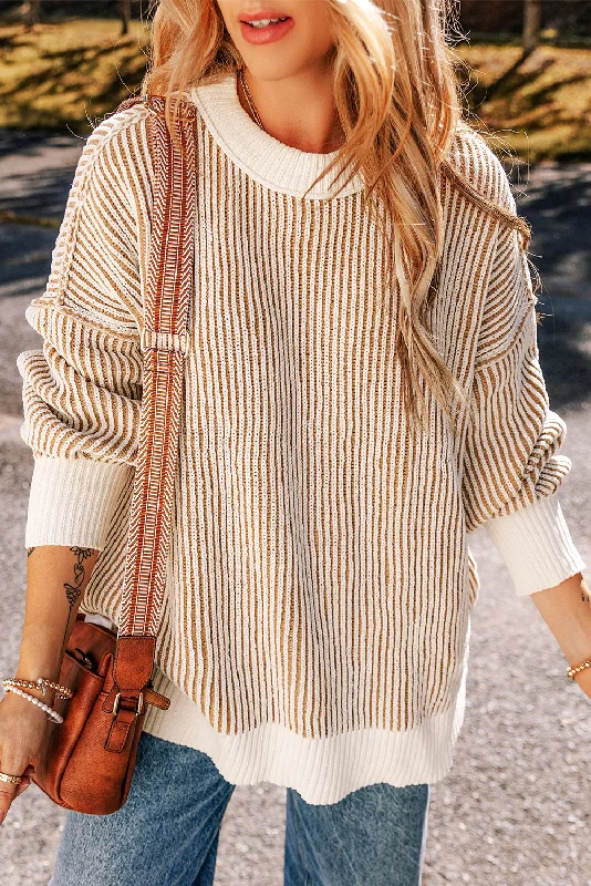 Striped Textured Knit Contrast Edge Loose Sweater Denim Fabric Leather Fabric Suede Fabric