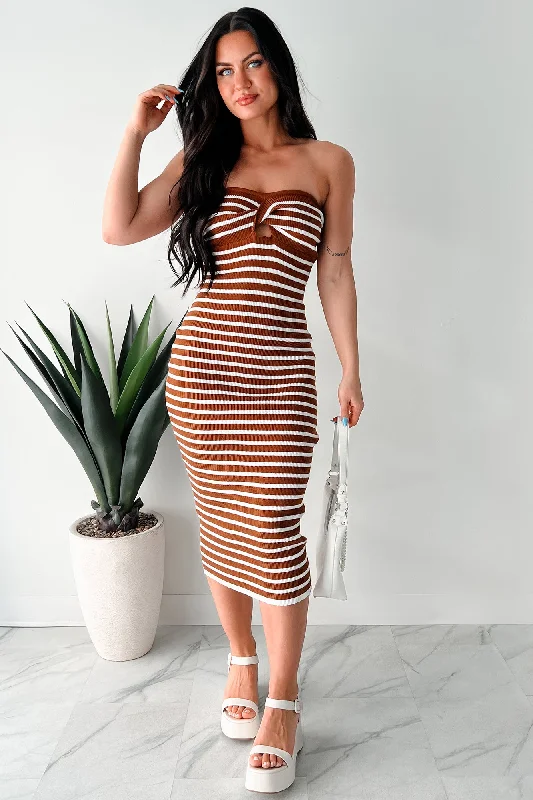 Taking A Moment For Me Ribbed Sweater Knit Midi Dress (Camel/White) Nylon Fabric Polyester Fabric Spandex Fabric