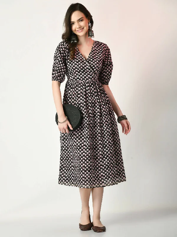 Myshka Women's Black Empire Printed Dress