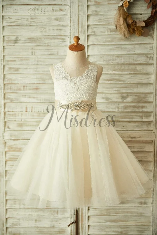 Ivory / Champagne Lace Tulle Sheer Back Wedding Flower Girl Dress, Belt