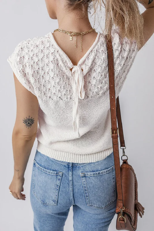 Tied Back Short Sleeve Sweater Transparent Opaque Sheer