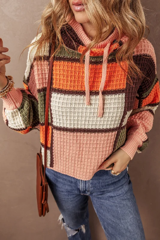 Color Block Waffle Knit Drawstring Mock Neck Sweater Neon Metallic Matte