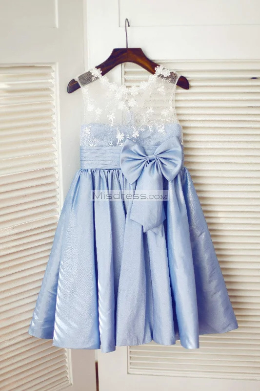 Sheer Neck Ivory Lace Blue Taffeta Wedding Flower Girl Dress