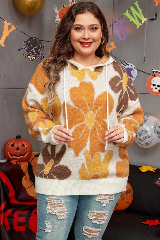 Knitted Drawstring Hooded Plus Size Sweater Solid Print Embellished