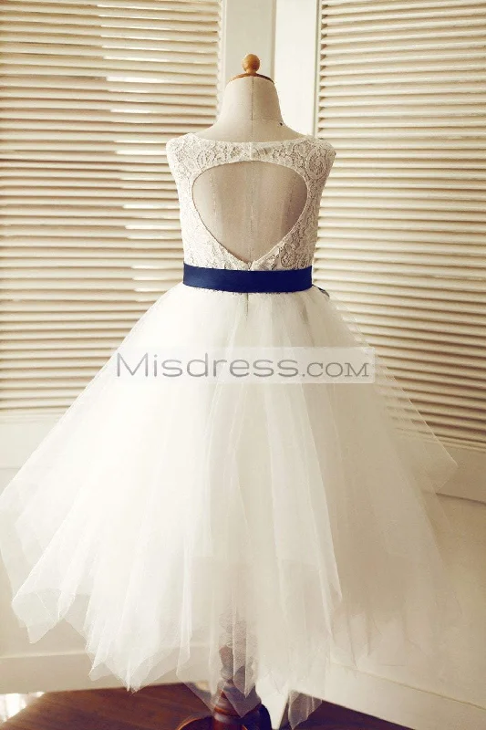 Ivory Lace Tulle Keyhole Back Wedding Flower Girl Dress, Navy Blue Sash