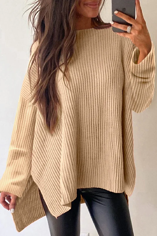 Cable Knit Side Slits Loose Sweater Beaded Sweater Sequined Faux Fur