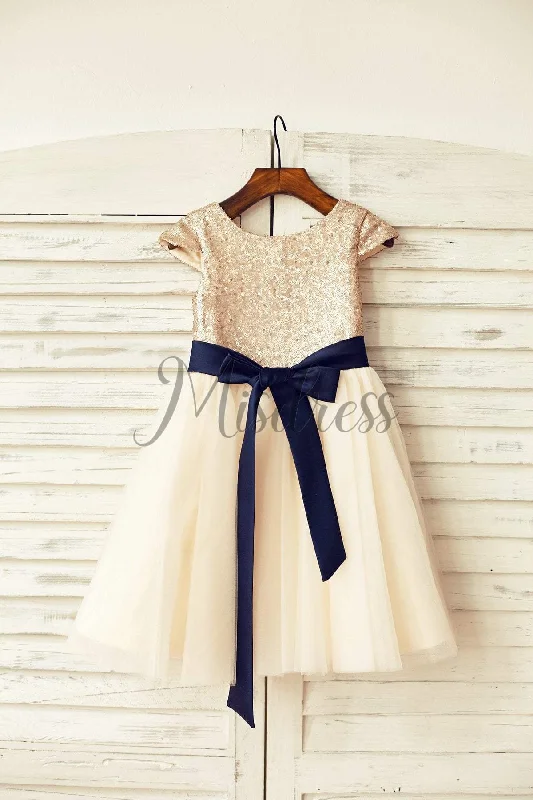 Cap Sleeves Blush Pink Sequin Ivory Tulle Flower Girl Dress, Belt