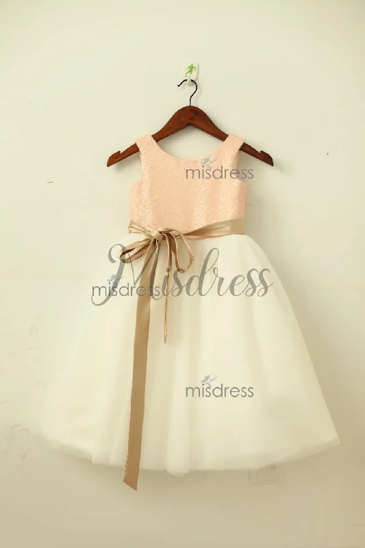 Blush Pink/Gold Sequin Ivory Tulle Sleeveless Flower Girl Dress, Belt