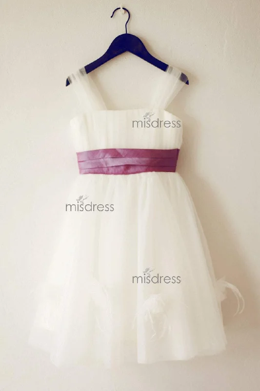 Princess Straps Ivory Tulle Lavender Sash Flower Girl Dress