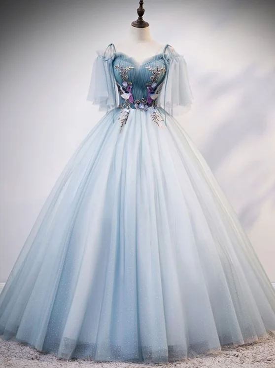 Blue tulle lace long prom dress, evening dress cg5243