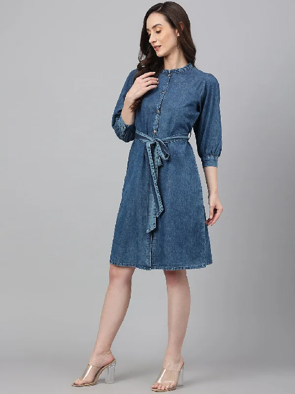 Janasya Women's Blue Denim Solid Straight Western Dress