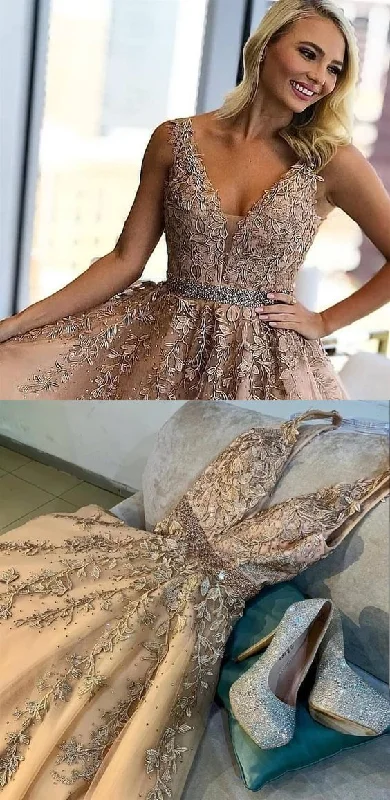 champagne lace long prom dresses, ball gown prom dresses, formal prom dresses with beading  cg5732