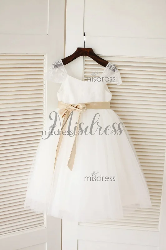 Cap Sleeves Ivory Lace Tulle Flower Girl Dress, Champagne Sash