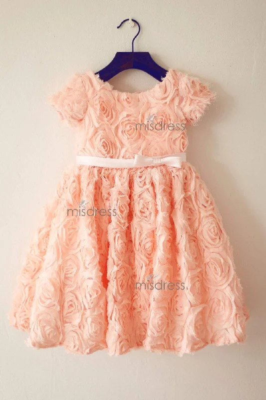 Short Sleeves Dusty Rose Peach Pink Rosette Flower Girl Dress