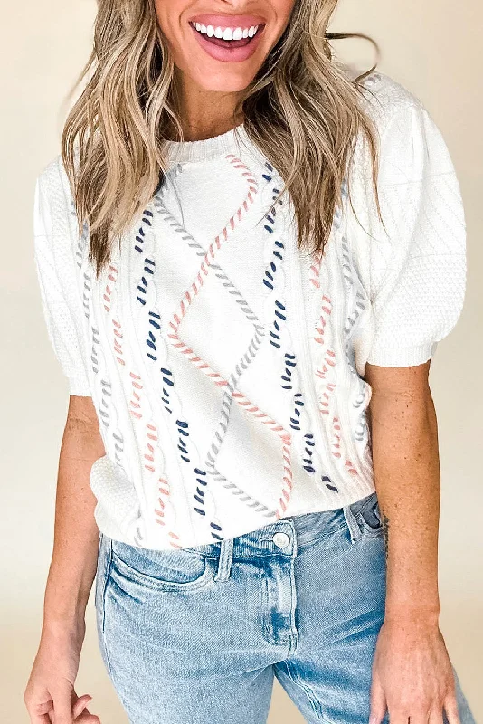 Cable Knit Short Sleeve Sweater Collared Crew Neck Turtle Neck