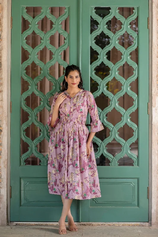 Women Mauve Ethnic Printed Flared Dress - Rasiya