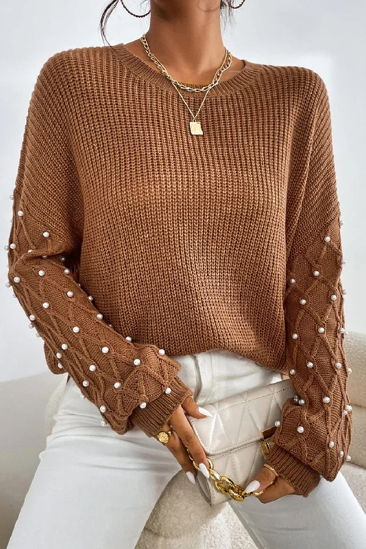 Beaded Drop Shoulder Round Neck Sweater Fleece Sweater Nylon Polyester