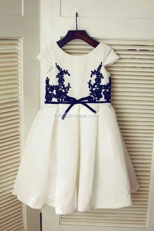 A-line Navy Blue Lace Ivory Satin Cap Sleeves Flower Girl Dress, Belt