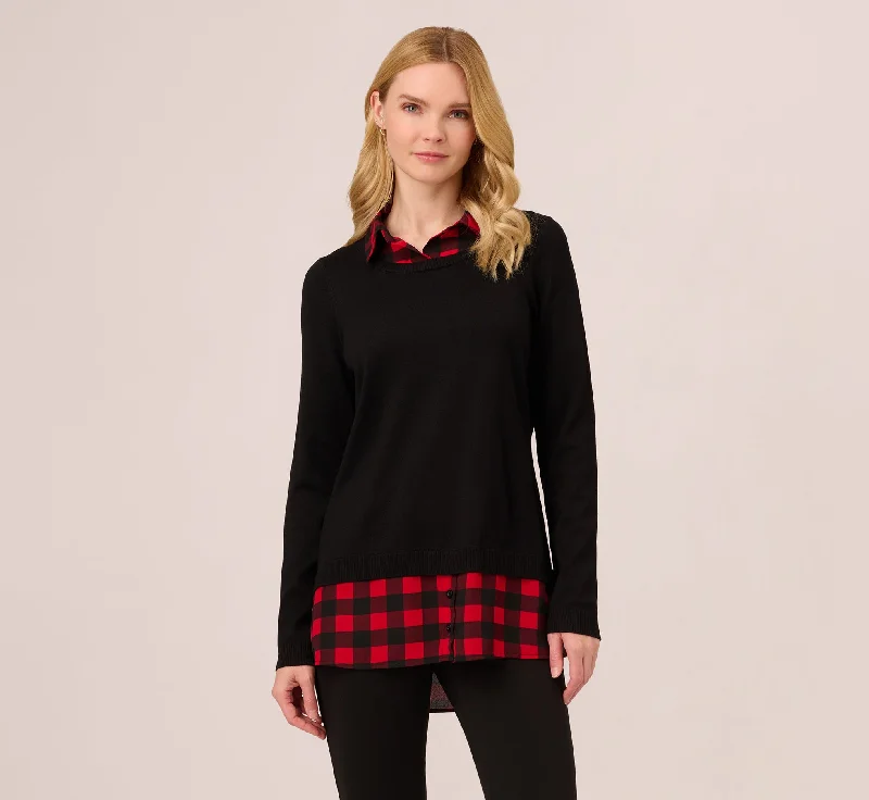 Long Sleeve Layered Sweater Top In Black W  Red Buffalo Plaid Modern Contemporary Chic