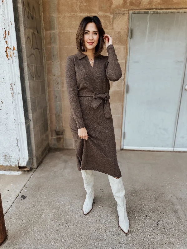 Faherty | Jackson Sweater Dress  - Mocha Heather Mesh Blend Leather Blend Suede Blend