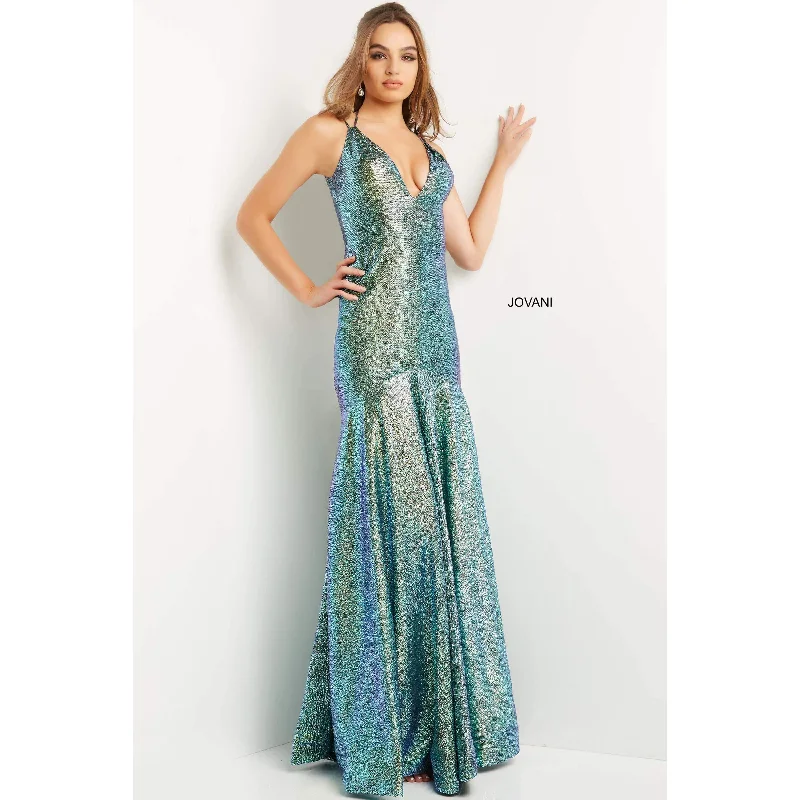 Jovani Green Iridescent Plunging Neck Prom Dress 08539