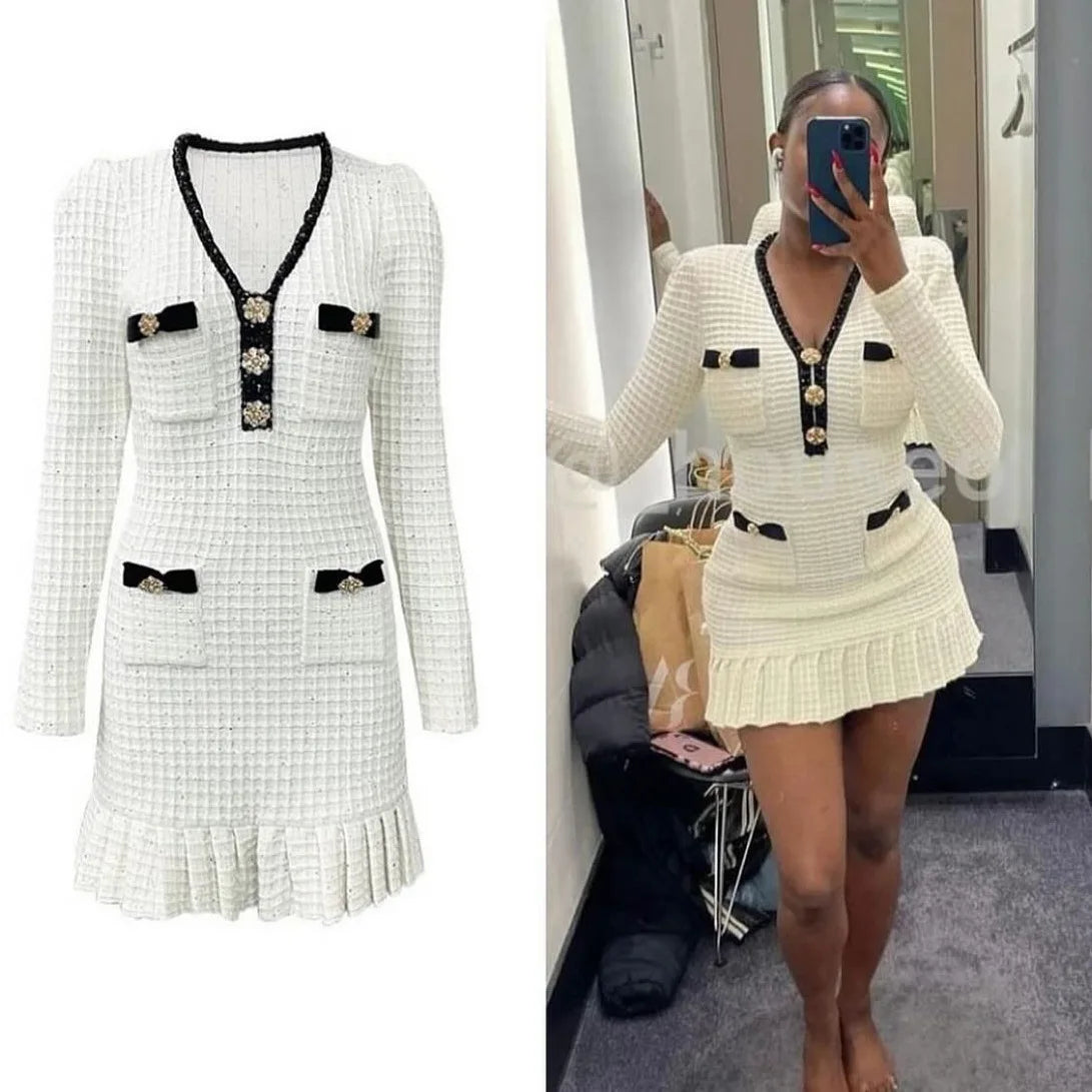 GETADME Knitted Pleated Chic Dress Women Elegant Sexy Mini Dress Luxury Bodycon Sweater Dress Autumn Clothes Patchwork Crochet Dress Welt Pockets Slit Pockets Flap Pockets