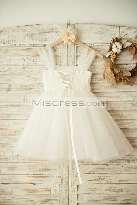 Boho Beach Ivory Tulle Beaded Straps Corset Back Wedding Flower Girl Dress