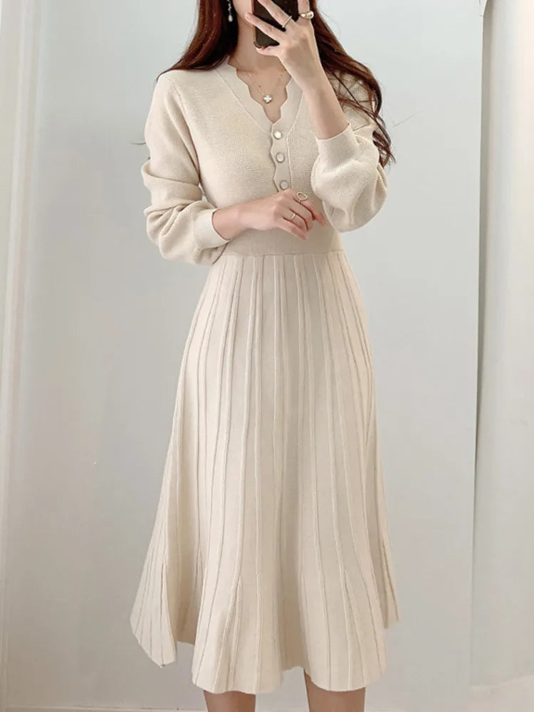 One Piece Korean Pleated Dress New Autumn Long Sleeve Slim Woman Sweater Dresses Knitted Vintage Elegant Midi Party Dress Lace Blend Ribbed Blend Corduroy Blend