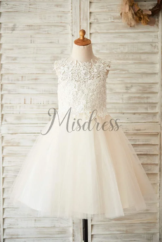 Ivory / Champagne Lace Tulle Keyhole Back Wedding Flower Girl Dress