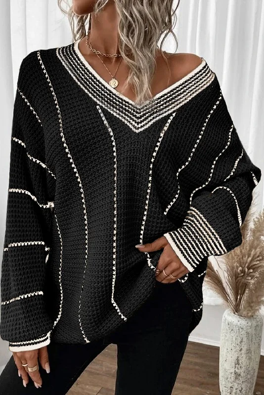 Colorblock Striped V Neck Knitted Loose Sweater Seamless Knitted Crochet