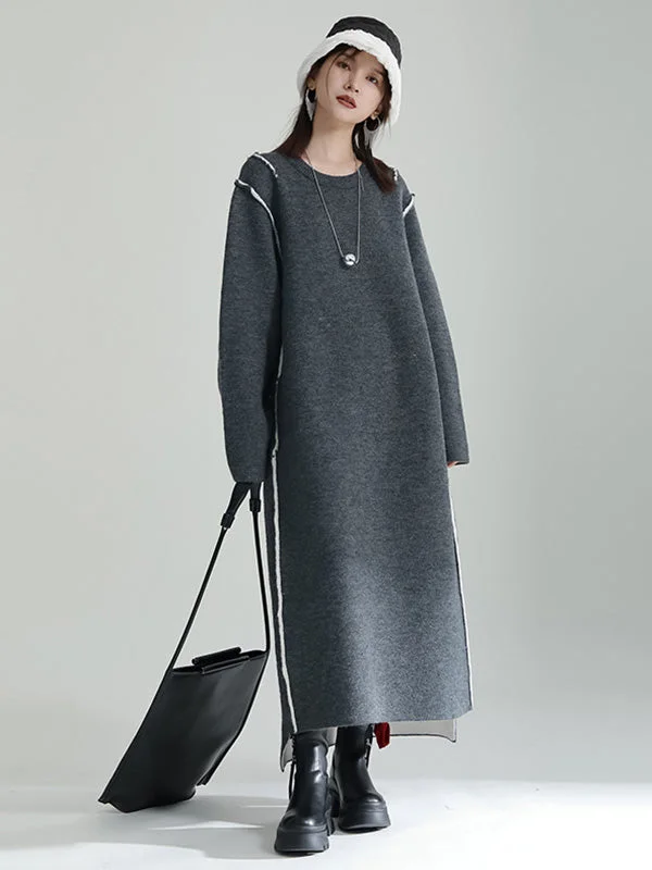 Zjkrl - Casual Long Sleeves Loose Solid Color Round-Neck Sweater Dresses Seamless Knitted Crochet