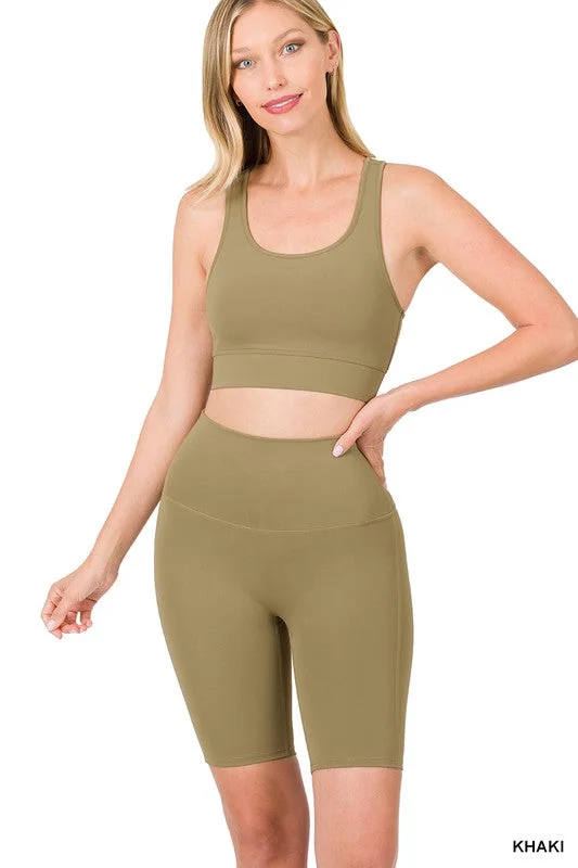 Athletic Tank Top & Biker Shorts Set (Khaki) open back tank