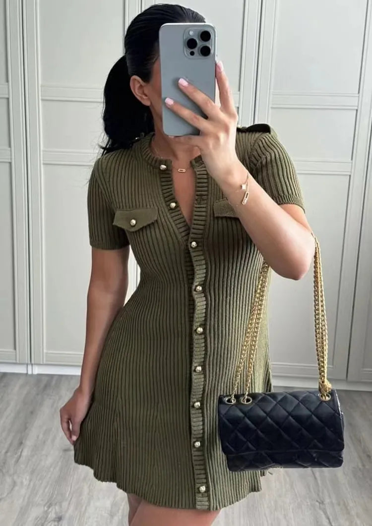 GETADME Elegant Knitted Mini Dress For Women Metal Button Sexy Slim Rib Sweater Dresses Female Holiday Party Outfits Autumn 2025 Striped Floral Plaid