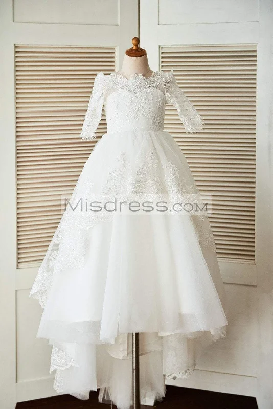 Off Shoulder Elbow Sleeves Beaded Lace Tulle Wedding Flower Girl Dress