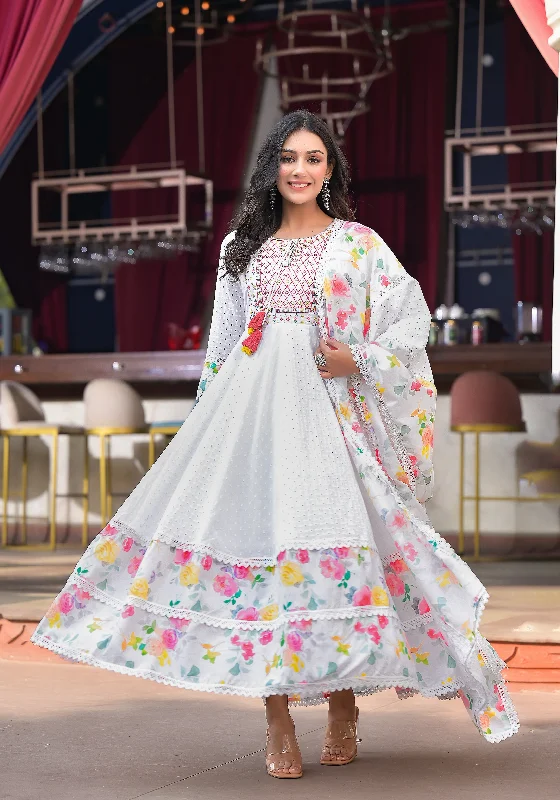 NOZ2TOZ Women Schiffli Self Design Embroidered Detail Maxi Cotton Ethnic Dress With Dupatta - White