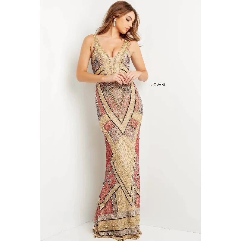 Jovani Nude Multi Embellished Plunging Neck Prom Dress 08445