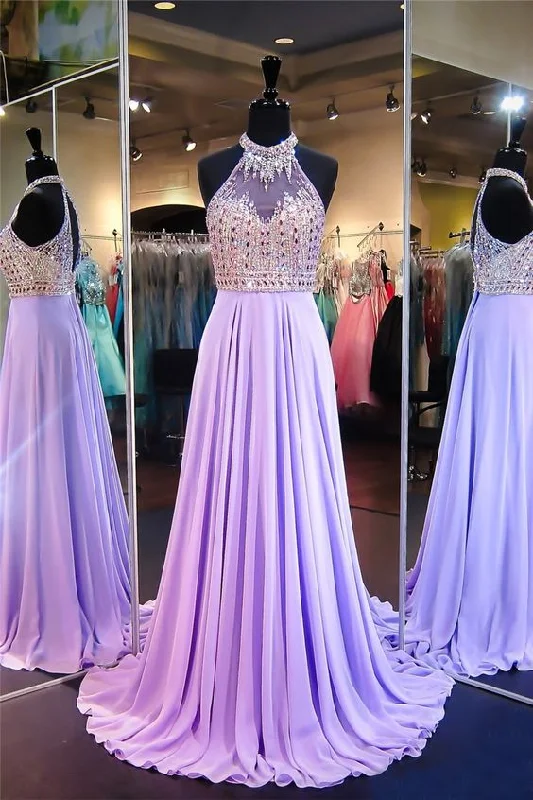 Gorgeous Halter Open Back Long Lilac Chiffon Beaded Prom Dress cg5379