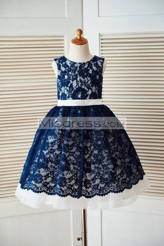Princess Navy Blue Lace Ivory Tulle Wedding Flower Girl Dress, Belt