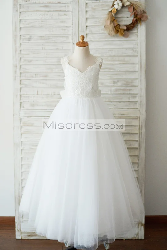 Ankle Length Ivory Lace Tulle 3D Flowers Wedding Flower Girl Dress, Bow