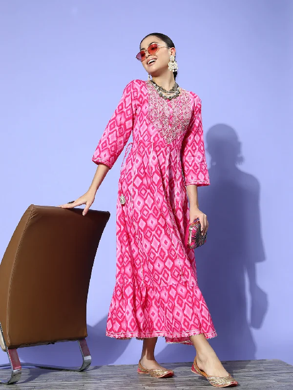 InWeave Women's Abstract Pink Print Long Dress With Work
