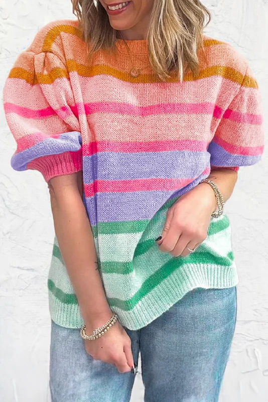 Colorful Stripe Bubble Short Sleeve Sweater Cashmere Blend Cotton Blend Poly Blend