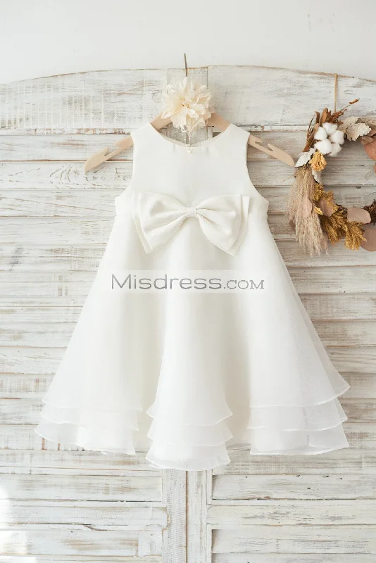 Boho Beach Ivory Satin Organza Sleeveless Wedding Flower Girl Dress, Bow