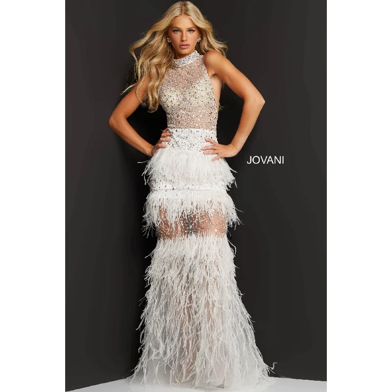 Jovani Off White Beaded Feather Skirt Prom Dress 07317