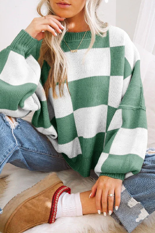 Checkered Bishop Sleeve Sweater Plaid Sweater Polka Dot Checkered