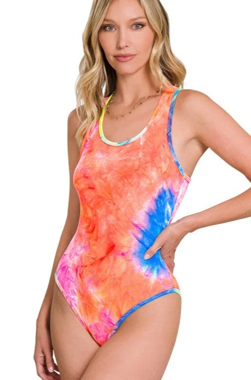 Brushed DTY Tie Dye Racerback Tank Bodysuit (Neon Pink & Orange) vintage tank top