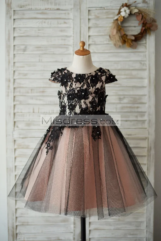 Cap Sleeves Black Lace Tulle Mauve Lining Wedding Flower Girl Dress