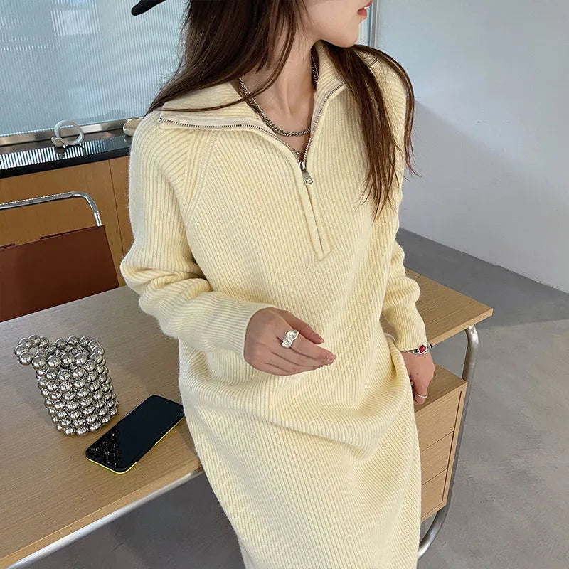 Getadme-Chic Turtleneck Zipper Knitted Dress Women Thicken Autumn Loose Sweater Dresses Ladies Korean Elegant Apricot Knitwear Oversized Loose Flowy