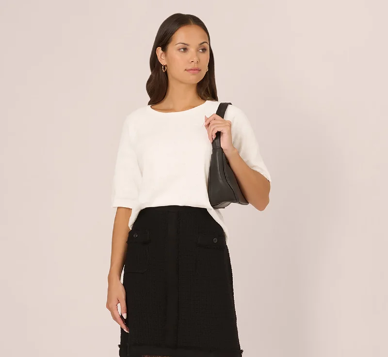 Short Sleeve Pointelle Sweater With Crew Neckline In Ivory Glossy Satin Silk