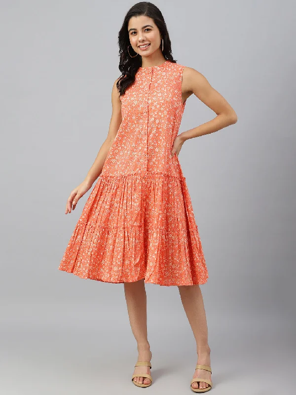 Janasya Women's Peach Cotton Floral Printed Flared Western Dress